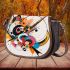 Abstract composition of colorful circles and lines saddle bag