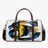 Abstract shapes in blue yellow and black forming 3d travel bag