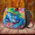 An airbrush cartoon of a blue green frog with rainbow saddle bag
