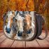 An impressionist painting of three horses saddle bag