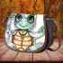 Baby turtle with big eyes wearing boho jewelry and flowers saddle bag