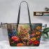 Bengal Cat with Colorful Flowers 2 Leather Tote Bag