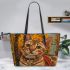 Bengal Cat with Cultural Symbols 3 Leather Tote Bag