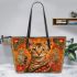 Bengal Cat with Cultural Symbols Leather Tote Bag