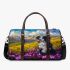 Black and white border collie sits in the foreground of an oil painting 3d travel bag