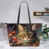 Blooming feline serenity leather tote bag