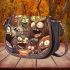 Cartoon comic book style poster of owls drinking coffee and laughing saddle bag