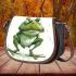 Cartoon drawing of an angry frog standing on its hind legs saddle bag