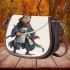 Cartoon frog character dressed as a samurai holding saddle bag