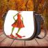 Cartoon frog woman wearing a red dress saddle bag