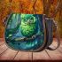 Cartoonstyle illustration of an owl with vibrant green feathers saddle bag
