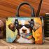 Colorful canine a playful pup in sunglasses small handbag