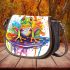 Colorful cute cartoon tree frog sits on a water puddle saddle bag