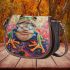 Colorful cute frog in the style of mesmerizing optical illusions saddle bag