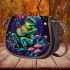 Colorful green frog playing banjo under mushroom saddle bag