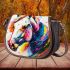 Colorful hair around horse's head saddle bag