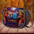 Colorful owls sitting the forest under glowing moonlight saddle bag