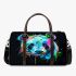 Colorful panda splatter painting with bright 3d travel bag