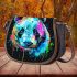 Colorful panda splatter painting with bright saddle bag