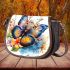 Colorful watercolor beautiful butterfly among flowers saddle bag