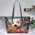 Curious canine fruit feast leather tote bag