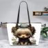 Curious canine in a whimsical wonderland leather tote bag