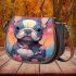 Curious canine in bloom saddle bag