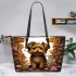 Curious canine on a bicycle adventure leather tote bag