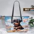 Curious dog and the hot air balloon adventure leather tote bag