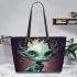 Curious dragon on wooden table leather tote bag