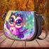 Cute baby owl with big eyes wearing pink and purple dress saddle bag