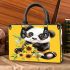 Cute baby panda with sunflowers on a yellow