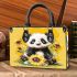 Cute baby panda with sunflowers on a yellow