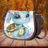 Cute baby turtle wearing jewelry and flowers saddle bag