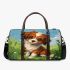 Cute brown and white puppy is sitting on the grass 3d travel bag