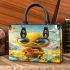 Cute cartoon baby bee with big eyes holding a heart small handbag