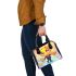 Cute cartoon bee holding flowers and a honeycomb shoulder handbag