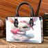 Cute cartoon bunny with a pink bow holding heart small handbag