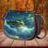Cute cartoon frog lies on the clouds in space saddle bag