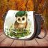 Cute cartoon owl wearing a green beret sitting on books saddle bag