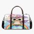 Cute cartoon owl with big eyes wearing a colorful 3d travel bag