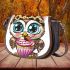 Cute cartoon owl with leopard headband and colorful cupcake saddle bag