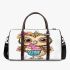 Cute cartoon owl with leopard headband holding 3d travel bag