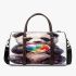 Cute cartoon panda bear holding a rainbow colored 3d travel bag