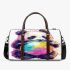 Cute cartoon panda bear holding a rainbow colored 3d travel bag