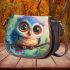 Cute colorful owl cartoon with big eyes sitting on a tree branch saddle bag