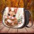 Cute happy baby bunny with big eyes sitting saddle bag