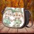 Cute happy smiling bunny girl and boy in green saddle bag