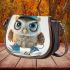 Cute little owl wearing blue sneakers and a cap saddle bag