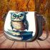 Cute owl wearing blue glasses sitting on books saddle bag